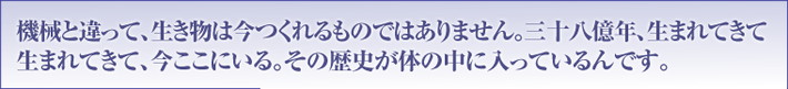 機械と違って、生き物は今つくれるものではありません。三十八億年、生まれてきて生まれてきて、今ここにいる。その歴史が身体の中に入っているんです。