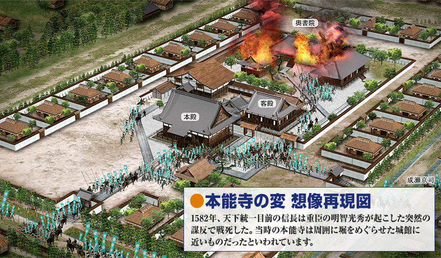 本能寺の変 想像再現図 1582年、天下統一目前の信長は重臣の明智光秀が起こした突然の謀反で戦死した。当時の本能寺は周囲に堀をめぐらせた城館に近いものだったといわれています。