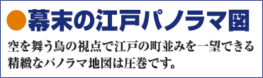 幕末の江戸パノラマ図 空を舞う鳥の視点で江戸の町並みを一望できる精緻なパノラマ地図は圧巻です。