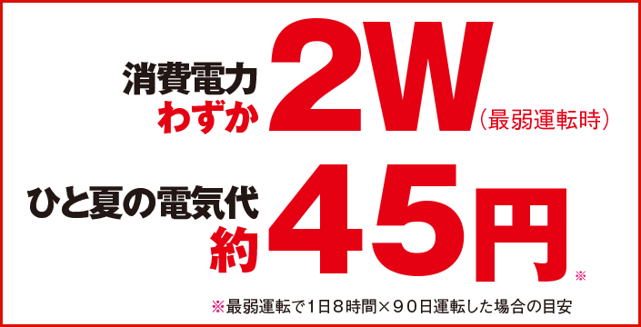 消費電力わずか2W（最弱運転時）※ACアダプタ使用時　ひと夏の電気代約39円※最弱運転で1日8時間×90日運転した場合の目安