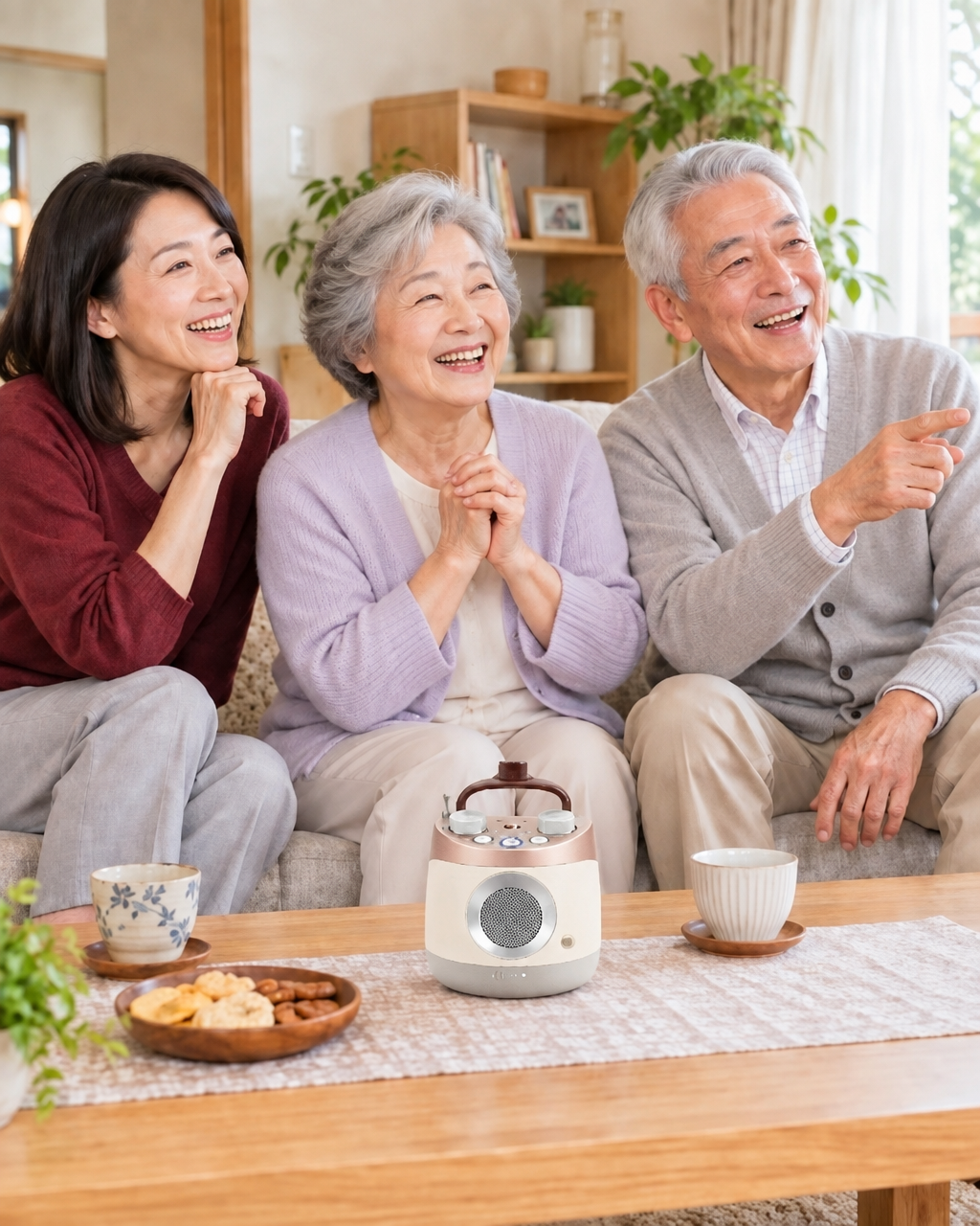 ナチュラルホワイトのテレビーノがあるリビングで笑顔を交わす両親と娘